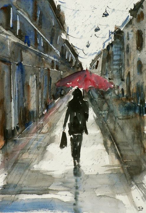 Malerei mit dem Titel "L'ombrello rosso 1" von Tito Fornasiero, Original-Kunstwerk, Aquarell