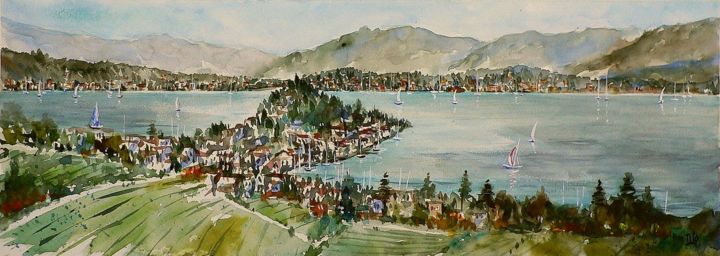 Pittura intitolato "In mezzo al lago di…" da Tito Fornasiero, Opera d'arte originale, Acquarello