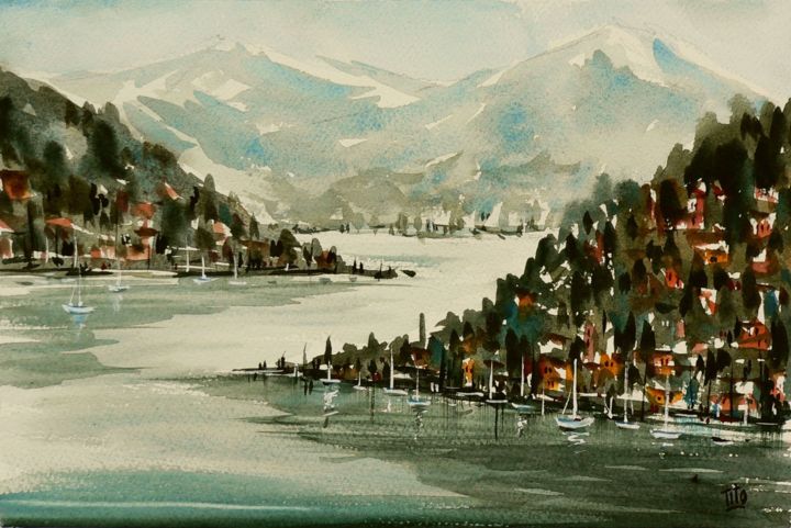 Ζωγραφική με τίτλο "Lago di Como" από Tito Fornasiero, Αυθεντικά έργα τέχνης, Ακουαρέλα