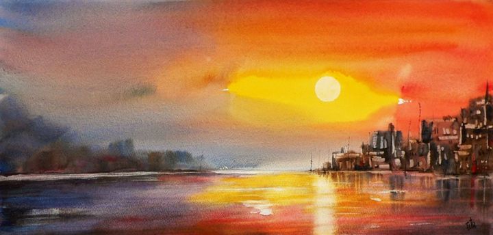 Painting titled "Magia del tramonto" by Tito Fornasiero, Original Artwork, Watercolor