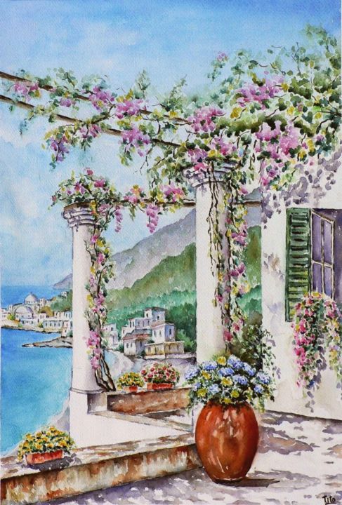 Painting titled "Terrazza Amalfitana" by Tito Fornasiero, Original Artwork, Watercolor