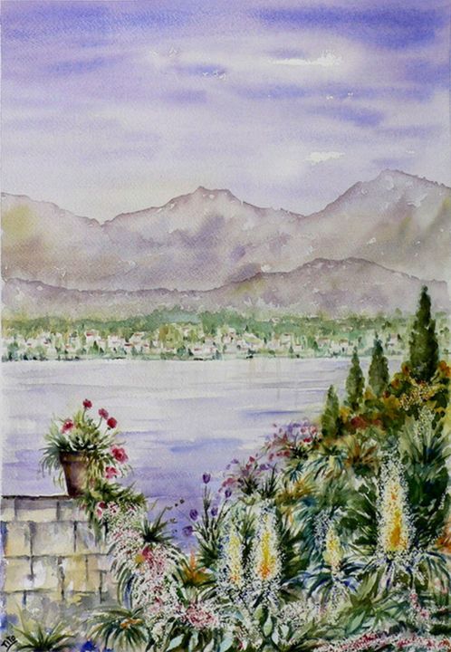 Malerei mit dem Titel "Giardino sul lago d…" von Tito Fornasiero, Original-Kunstwerk, Aquarell
