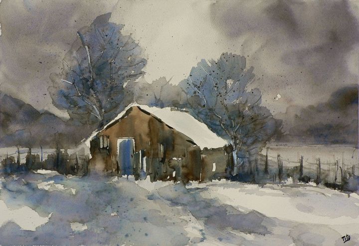 Painting titled "Inverno 11" by Tito Fornasiero, Original Artwork, Watercolor