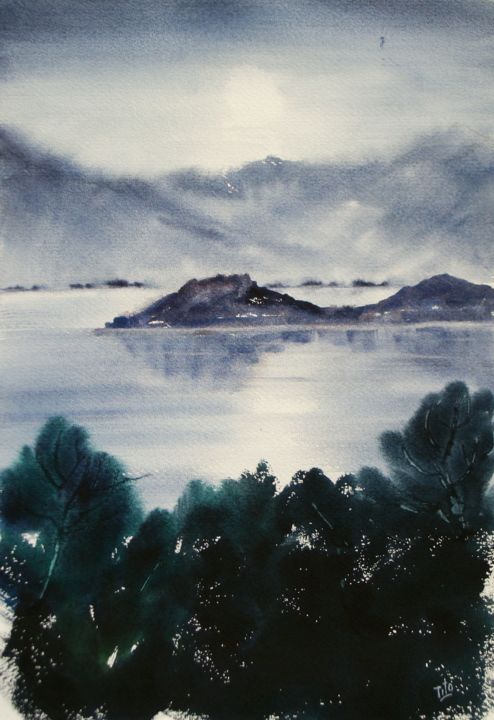 Painting titled "La punta di Bellagi…" by Tito Fornasiero, Original Artwork, Watercolor