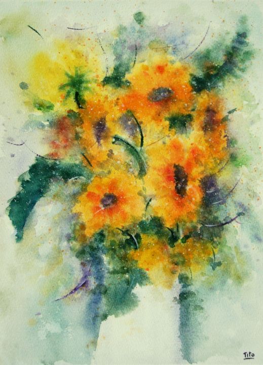 Pittura intitolato "Vaso con fiori gial…" da Tito Fornasiero, Opera d'arte originale, Acquarello