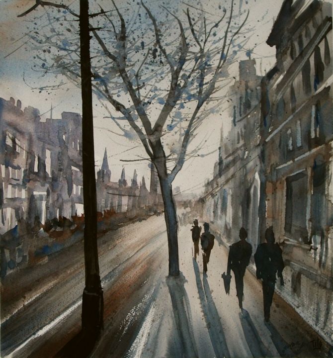 Painting titled "Strada in controluce" by Tito Fornasiero, Original Artwork, Watercolor