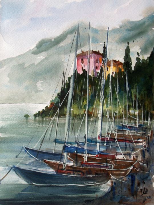 Painting titled "La casa rosa (lago…" by Tito Fornasiero, Original Artwork, Watercolor