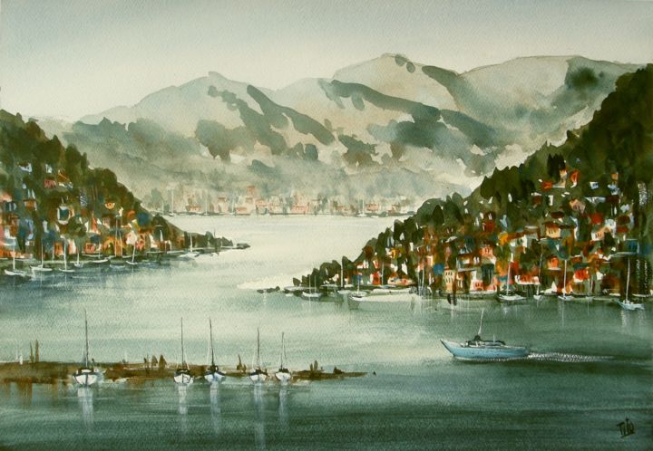 Pittura intitolato "Il lago vicino a Co…" da Tito Fornasiero, Opera d'arte originale, Acquarello
