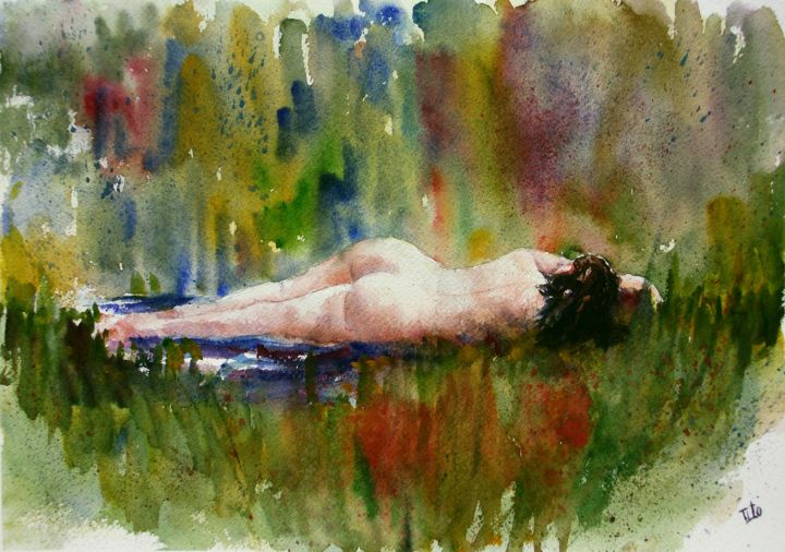 Pittura intitolato "La bella addormenta…" da Tito Fornasiero, Opera d'arte originale, Acquarello