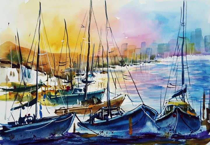 Painting titled "Riva affollata" by Tito Fornasiero, Original Artwork, Watercolor