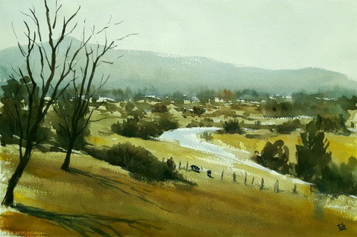 Painting titled "Paesaggio campestre" by Tito Fornasiero, Original Artwork, Watercolor