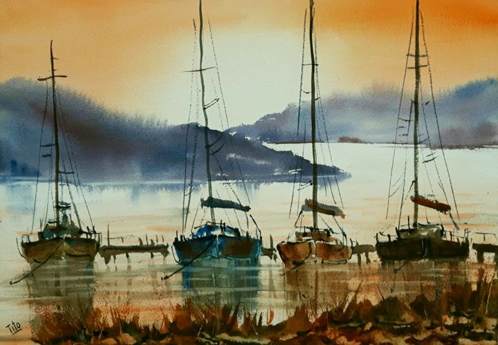 Malerei mit dem Titel "Barche" von Tito Fornasiero, Original-Kunstwerk, Aquarell