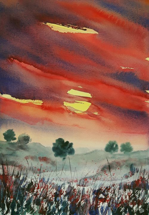 Painting titled "Tramonto impossibile" by Tito Fornasiero, Original Artwork, Watercolor