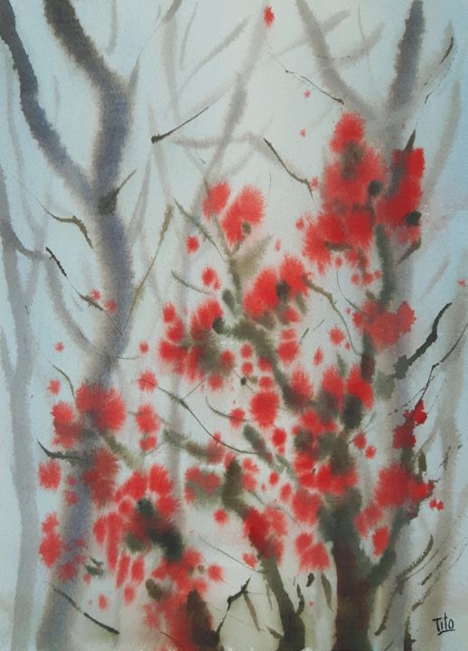 Painting titled "Fiori nella nebbia" by Tito Fornasiero, Original Artwork, Watercolor