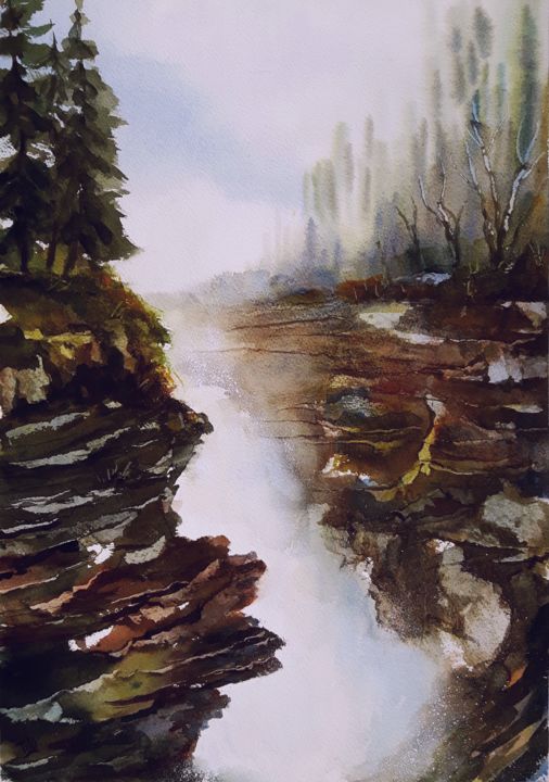 Painting titled "Cascata" by Tito Fornasiero, Original Artwork, Watercolor