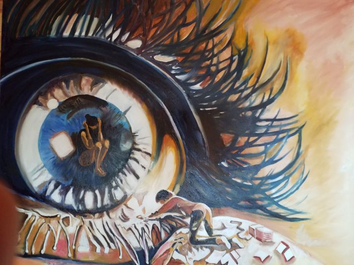 Painting titled "OJO" by Pedro Paone, Original Artwork, Oil Mounted on Wood Stretcher frame