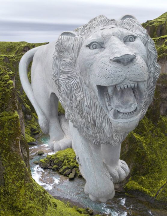 Sculpture titled "Roaring Lion" by Titus Makwembere, Original Artwork, Stone