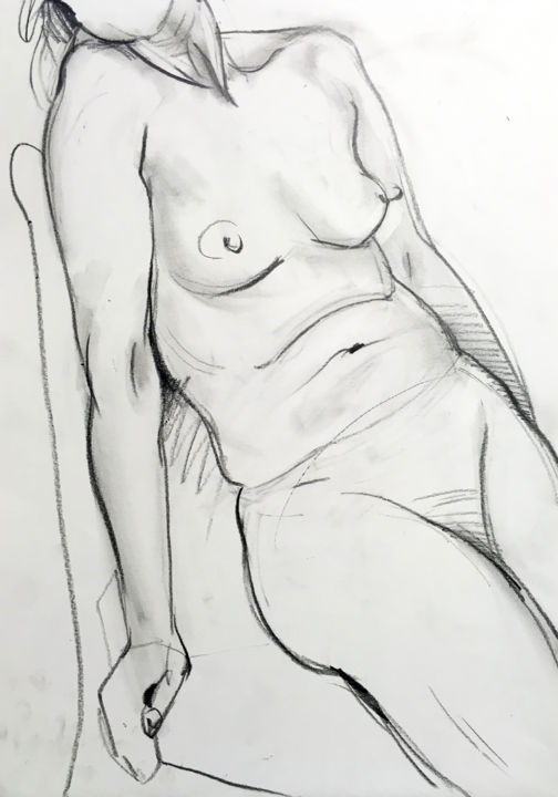 Drawing titled "junge Frau, sitzend…" by Sergej Luzewitsch, Original Artwork, Charcoal