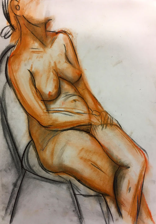 Drawing titled "Frau, sitzend, Akt" by Sergej Luzewitsch, Original Artwork, Pastel