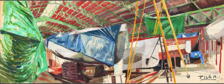 Peinture intitulée "LE HAVRE-CHANTIERS…" par Thomas Lechevallier, Œuvre d'art originale, Gouache