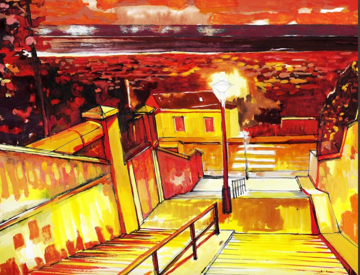 Painting titled "Le Havre- Escaliers…" by Thomas Lechevallier, Original Artwork, Acrylic