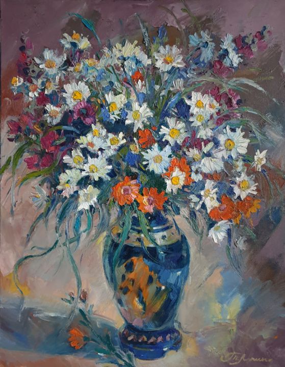 Painting titled "Сhamomile of Septem…" by Tatiana Lapina, Original Artwork, Oil