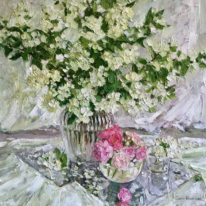 Painting titled "Jasmine and roses" by Olga Sedykh, Original Artwork, Oil