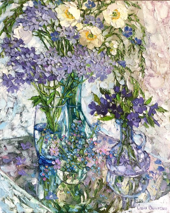 Painting titled "Flax and forget-me-…" by Olga Sedykh, Original Artwork, Oil