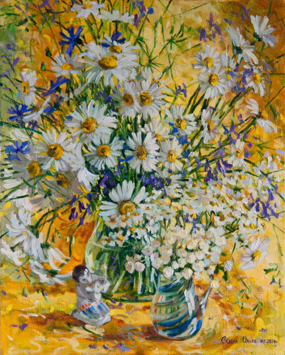 Painting titled "Sunny Daisies" by Olga Sedykh, Original Artwork, Oil