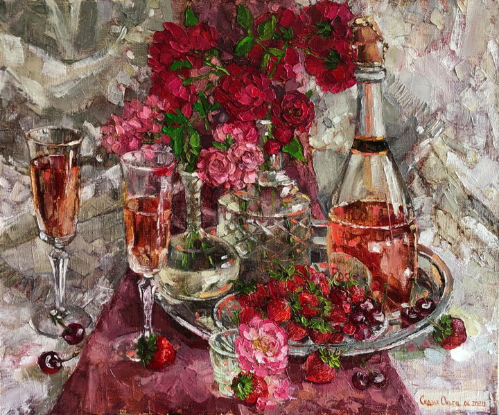 Картина под названием "Bouquet Of Pink Cha…" - Olga Sedykh, Подлинное произведение искусства, Масло