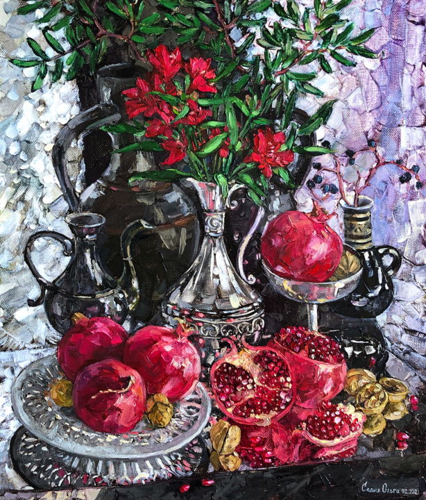 Painting titled "Glitter Pomegranate" by Olga Sedykh, Original Artwork, Oil