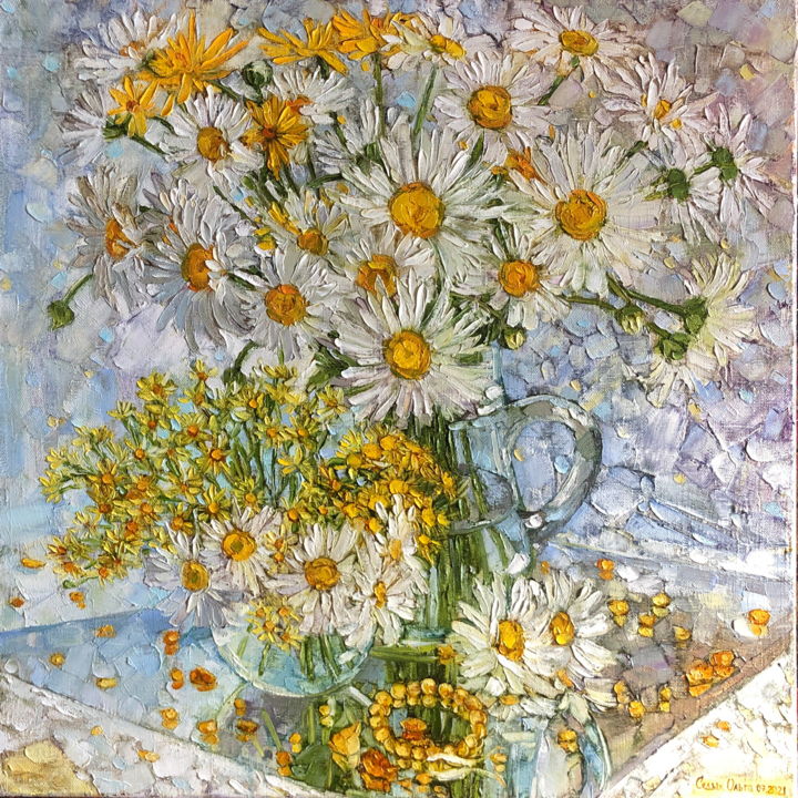 Painting titled "Chamomile in amber" by Olga Sedykh, Original Artwork, Oil