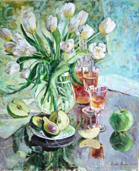Peinture intitulée "White tulips" par Olga Sedykh, Œuvre d'art originale, Huile