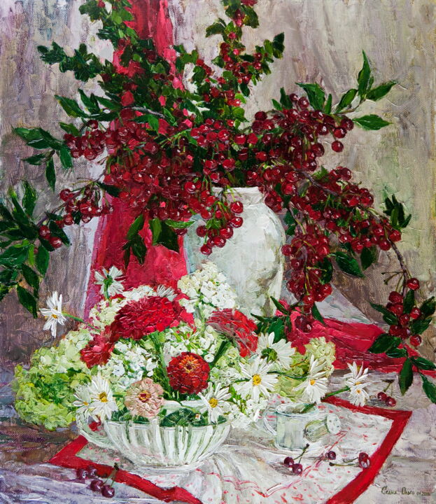Картина под названием "Bouquet de cerises" - Olga Sedykh, Подлинное произведение искусства, Масло