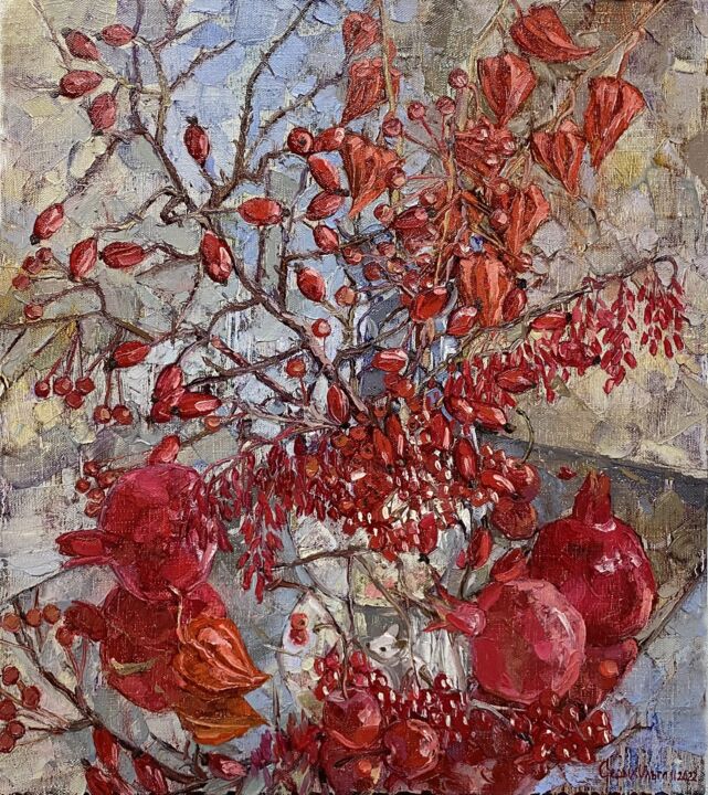 Painting titled "Berry feast. Flower…" by Olga Sedykh, Original Artwork, Oil