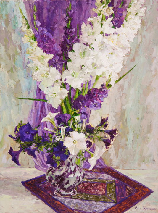Картина под названием "White gladioluses" - Olga Sedykh, Подлинное произведение искусства, Масло