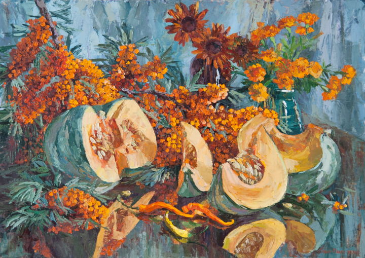 Painting titled "Pumpkin and sea-buc…" by Olga Sedykh, Original Artwork, Oil