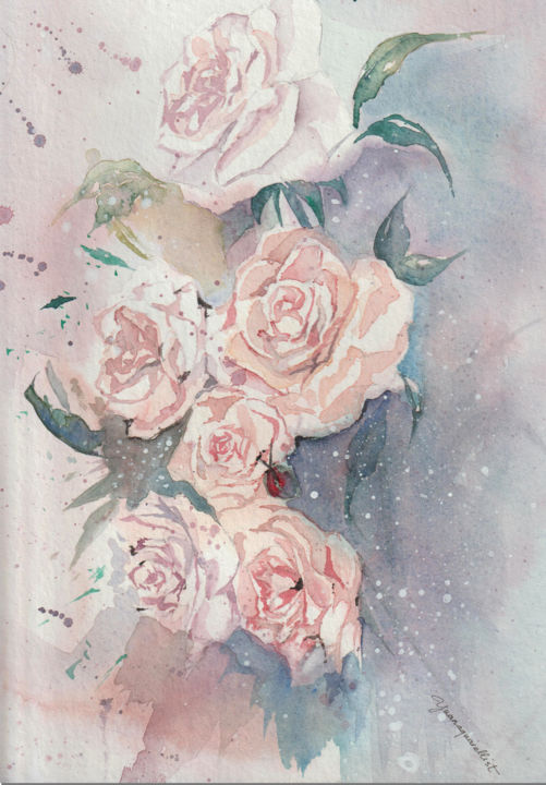 Peinture intitulée "Des Roses" par Uynsart, Œuvre d'art originale, Aquarelle Monté sur Châssis en bois