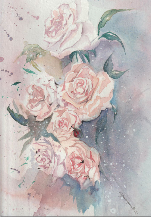 Peinture intitulée "Des Roses" par Uynsart, Œuvre d'art originale, Aquarelle Monté sur Châssis