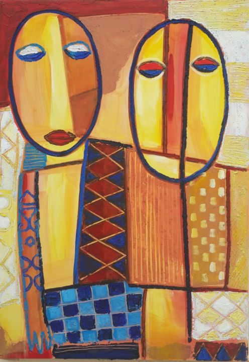 Painting titled "Three little kids" by Tola Wewe, Original Artwork, Acrylic