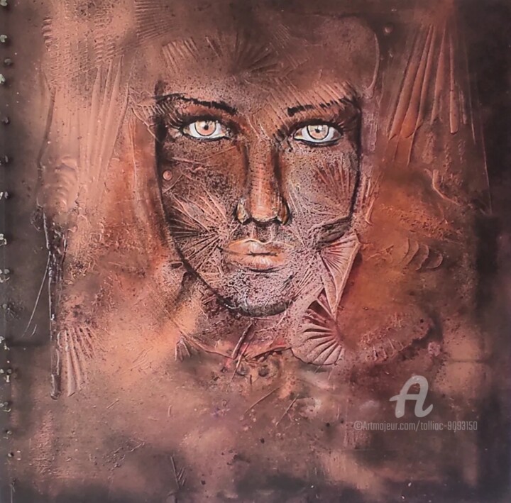 Painting titled "Regard cuivré" by Tolliac, Original Artwork, Acrylic Mounted on Wood Stretcher frame