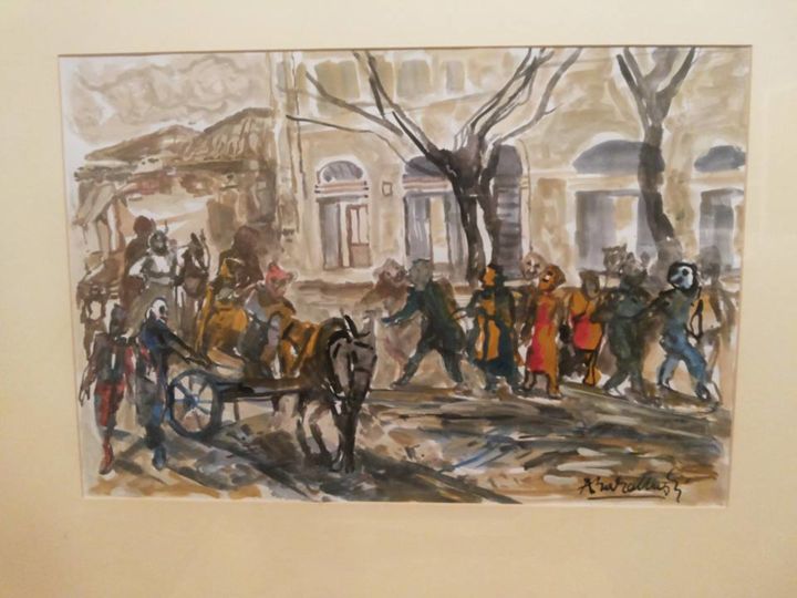 Dibujo titulada "carnevale-di-scutar…" por Tomas Nino, Obra de arte original, Conté
