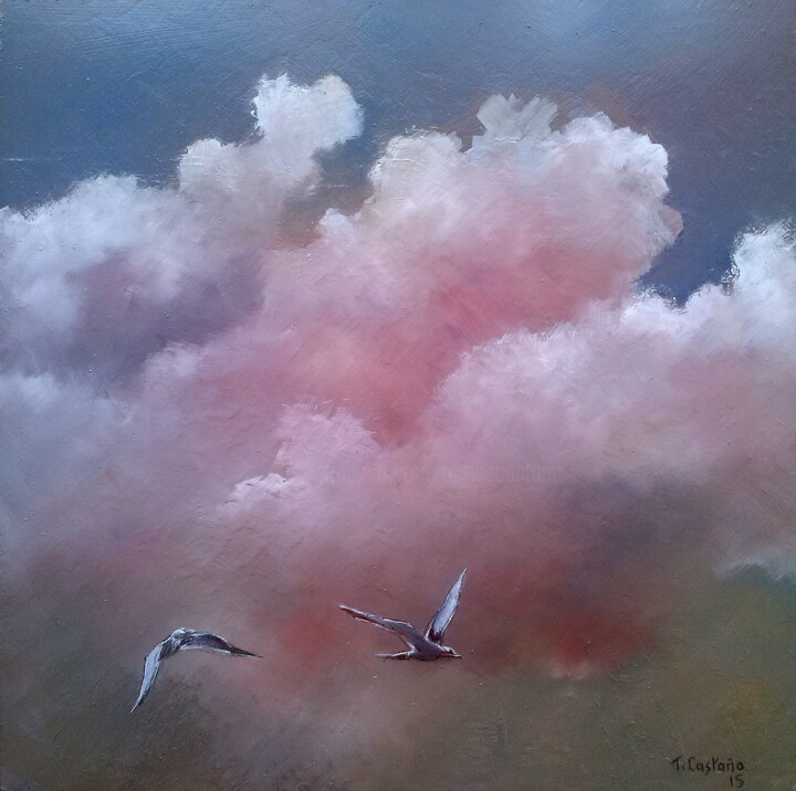 Painting titled "Nubes y gaviotas" by Tomás Castaño, Original Artwork, Oil