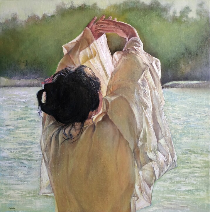 Painting titled "Mujer joven en post…" by Tomás Castaño, Original Artwork, Oil