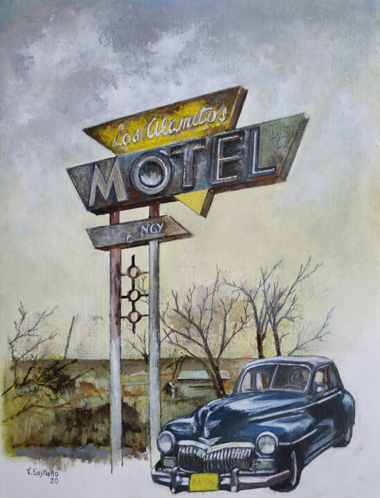Painting titled "Los Alamitos Motel-…" by Tomás Castaño, Original Artwork, Oil Mounted on Wood Panel