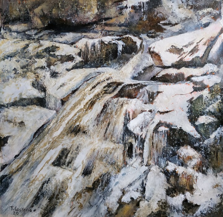 Malarstwo zatytułowany „Cascada con nieve” autorstwa Tomás Castaño, Oryginalna praca, Olej