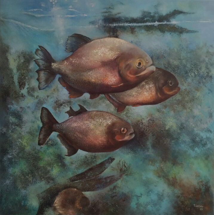 Painting titled "Pirañas" by Tomás Castaño, Original Artwork, Oil Mounted on Wood Stretcher frame
