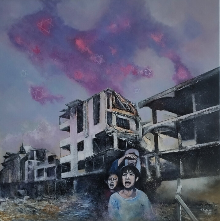 Painting titled "Gaza-Lluvia de estr…" by Tomás Castaño, Original Artwork, Oil Mounted on Wood Stretcher frame