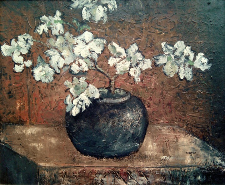 Painting titled "Flores blancas" by Tomás Castaño, Original Artwork, Oil Mounted on Wood Stretcher frame