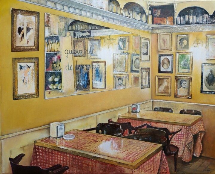 Painting titled "Comedor interior- R…" by Tomás Castaño, Original Artwork, Oil Mounted on Wood Stretcher frame
